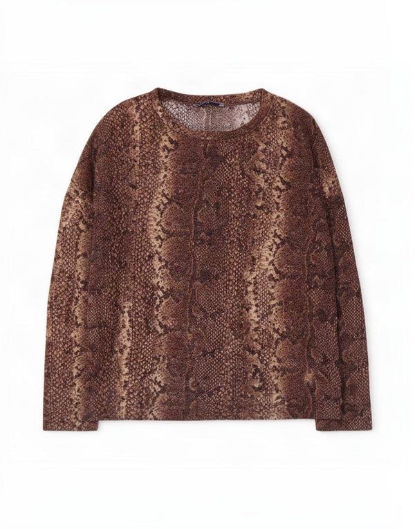 Zara Mujer Top Manga 3/4 UK 44 Marrón Medio Estampado Animal