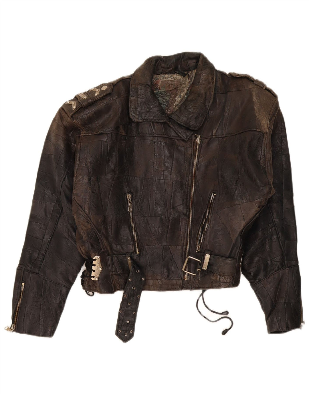 DR MARTENS Chaqueta motera de cuero corta para mujer UK 40 XL Marrón Patchwork