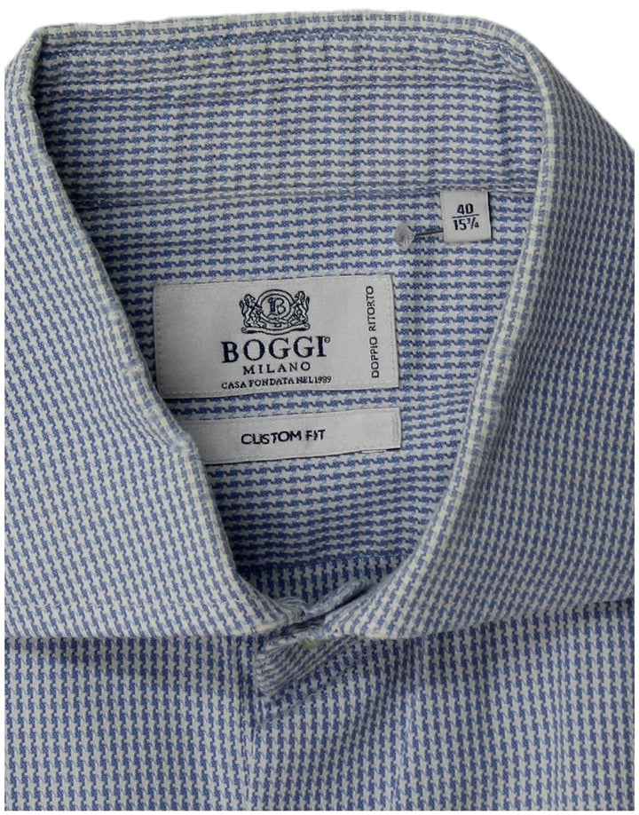 Boggi Camisa personalizada para hombre Talla 40 15 1/2 Algodón de pata de gallo azul medio
