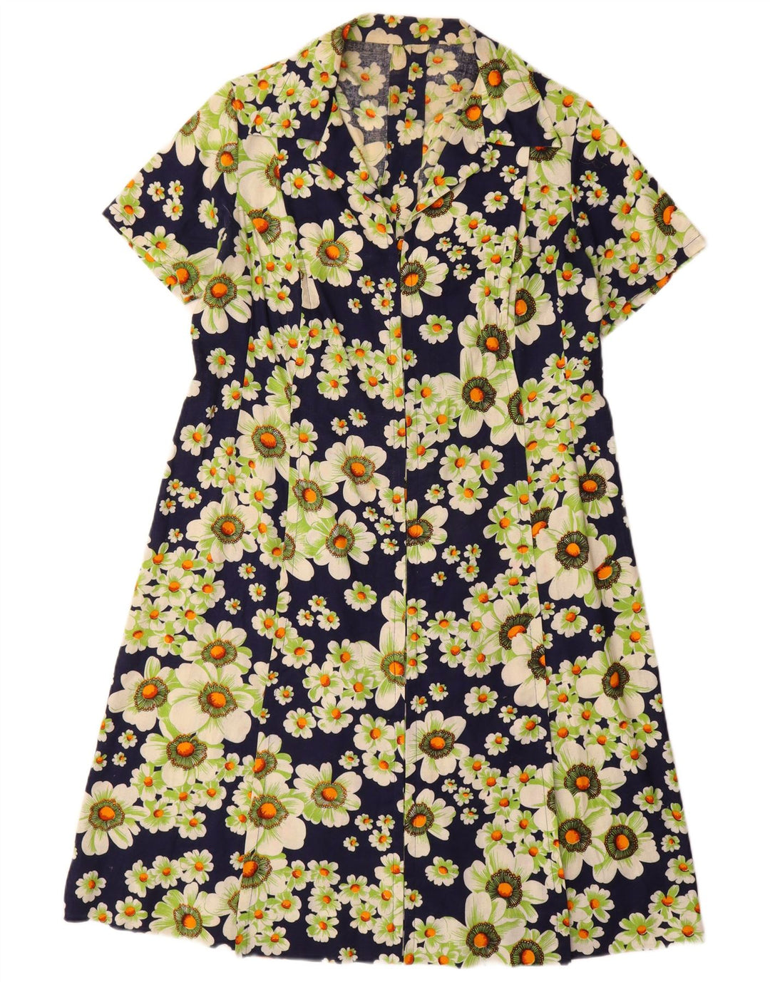 VINTAGE Vestido camisero de manga corta para mujer Reino Unido 12 Medio Azul Marino Floral