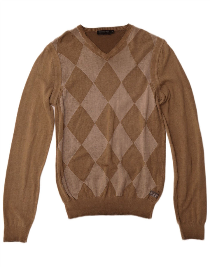 CALVIN KLEIN JEANS Suéter con cuello en V para hombre Pequeño Marrón Argyle/Diamante