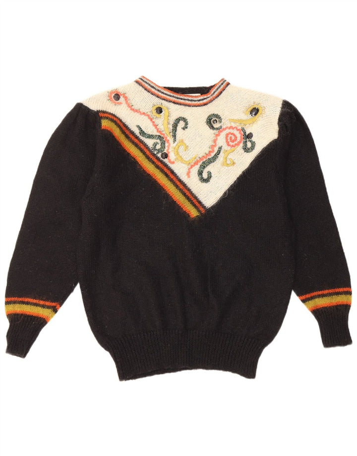 Vintage mujer cuello redondo jersey suéter Reino Unido 14 medio negro geométrico