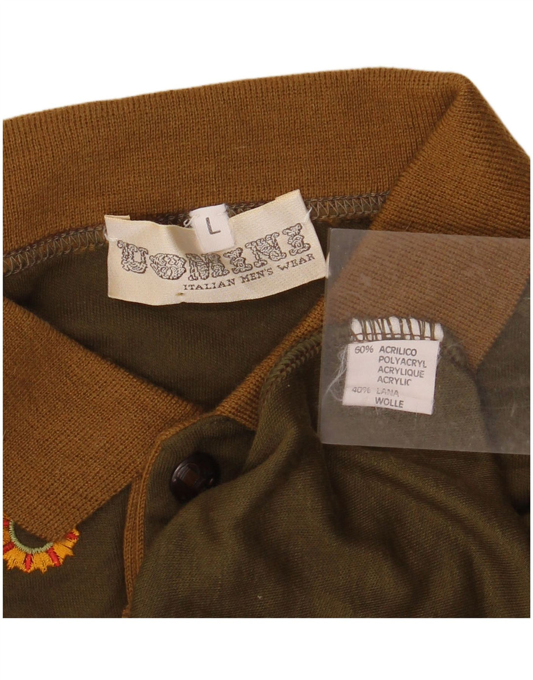 VINTAGE Hombres Polo Cuello Jersey Suéter Grande Caqui Acrílico