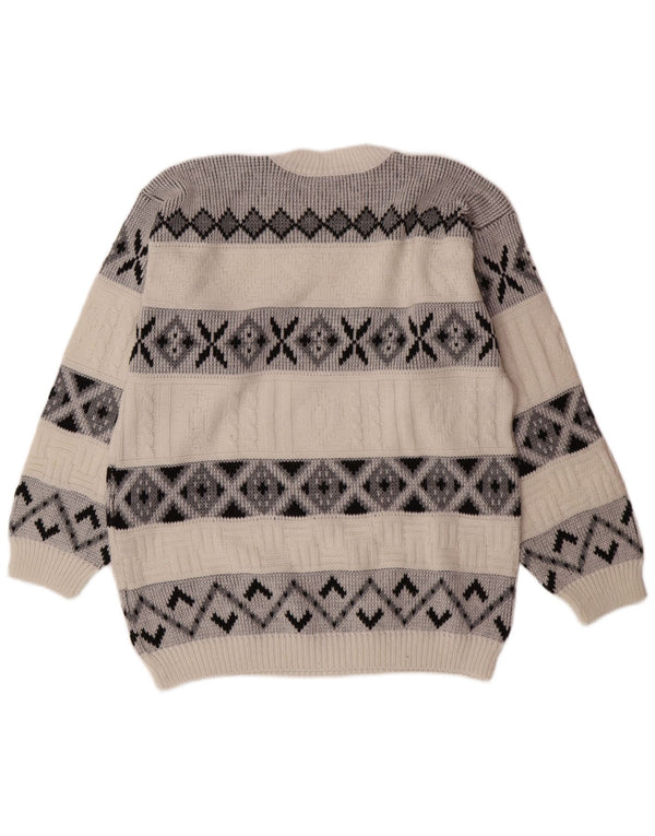 VINTAGE Hombres Crew Neck Jumper Suéter Grande Blanco Fair Isle