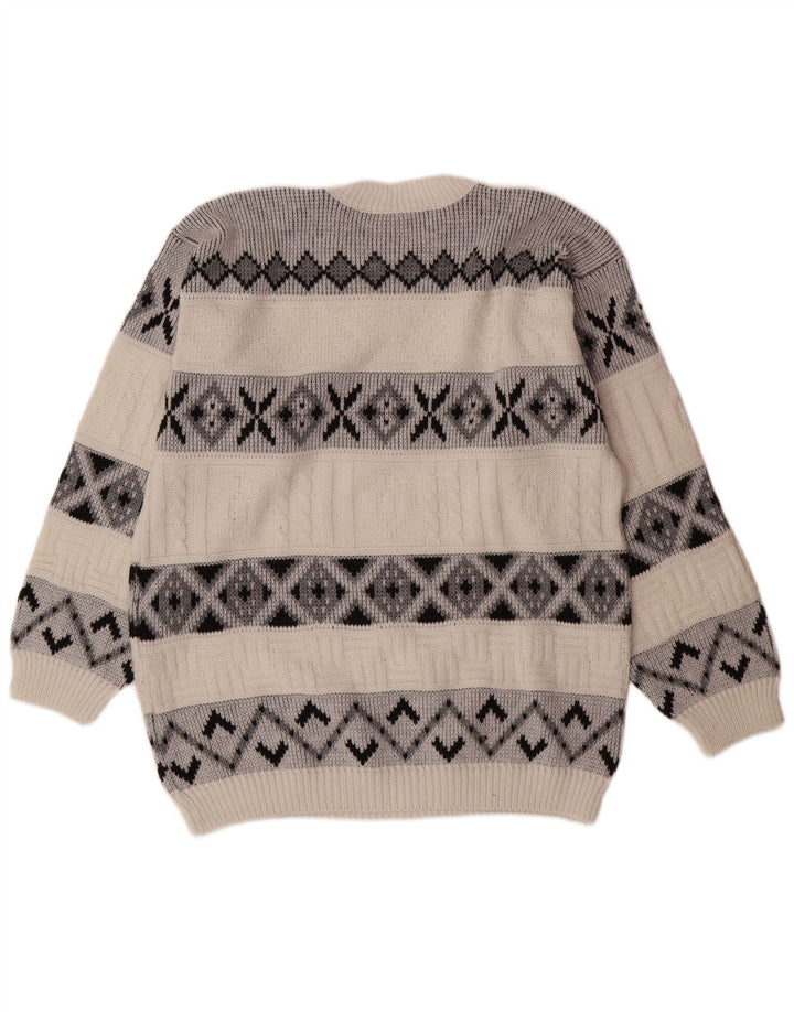 VINTAGE Hombres Crew Neck Jumper Suéter Grande Blanco Fair Isle