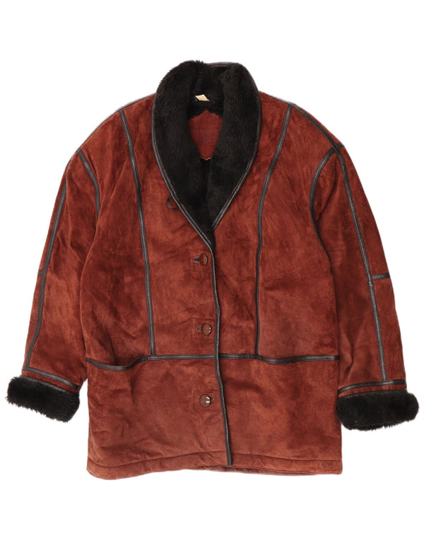 Vintage mujer suelta ajuste shearling abrigo Reino Unido 12 bloque de color marrón medio