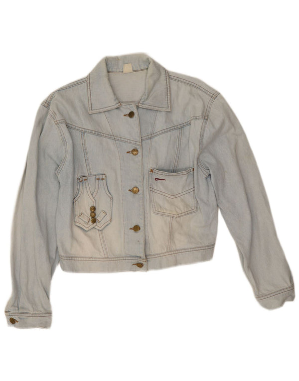 Vintage mujer crop gráfico chaqueta de mezclilla Reino Unido 10 pequeño algodón azul