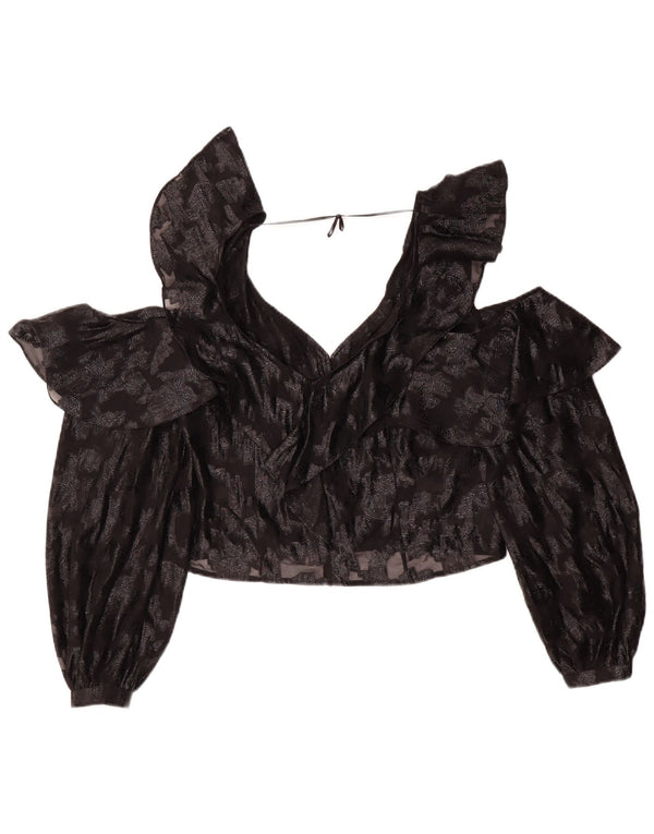Vintage mujer crop manga larga blusa Top Reino Unido 14 medio negro floral