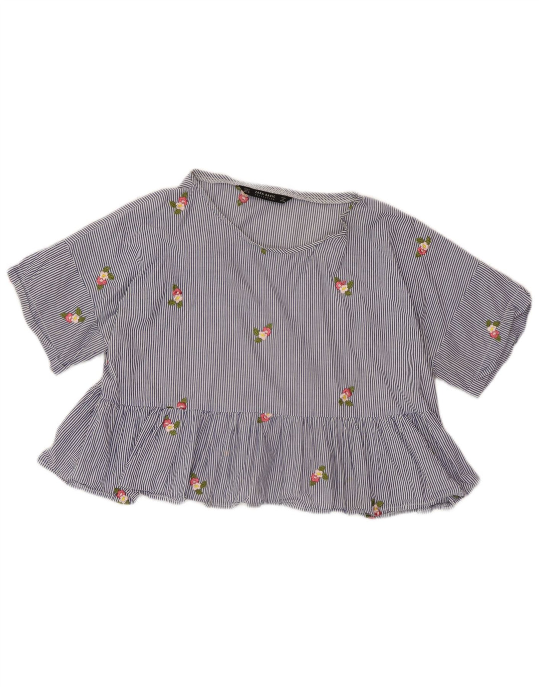 ZARA Mujer Blusa Corta Top UK 44 Rayas Azul Medio