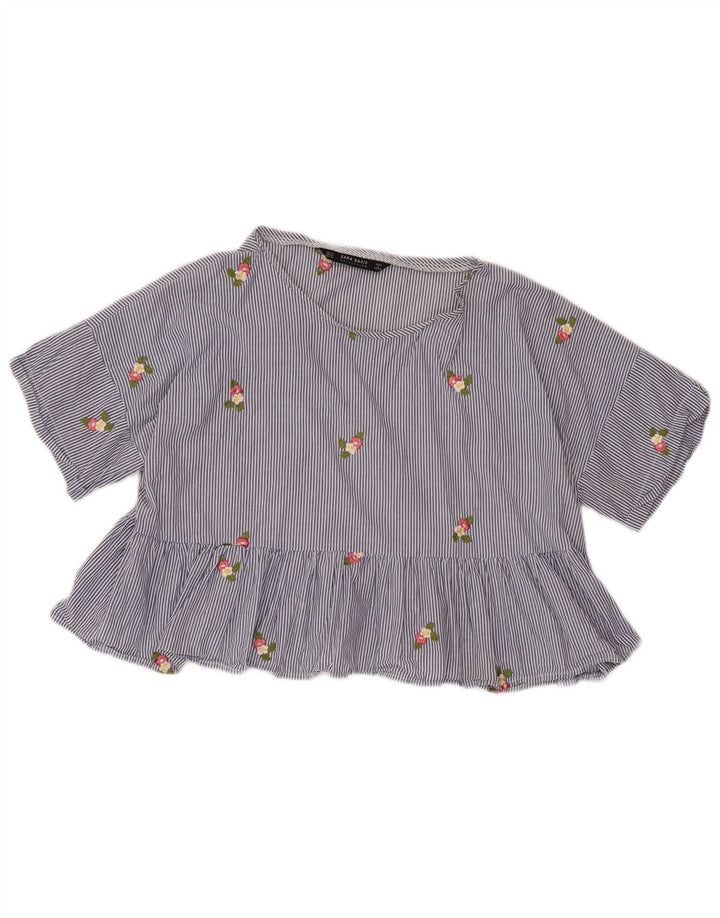 ZARA Mujer Blusa Corta Top UK 44 Rayas Azul Medio