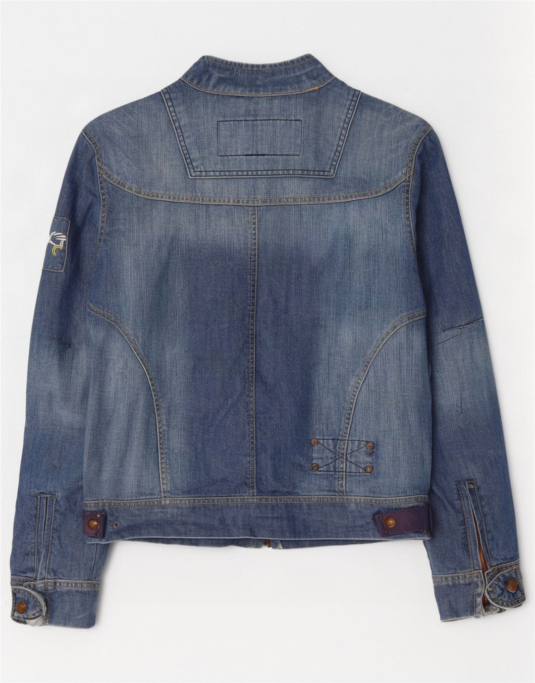 Vintage hombres gráfico chaqueta de mezclilla Reino Unido 38 algodón azul medio