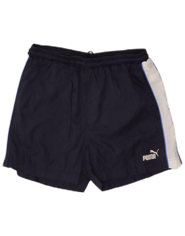 Puma Pantalones cortos deportivos con estampado gráfico para hombre, deportivos de nailon color block en azul marino mediano