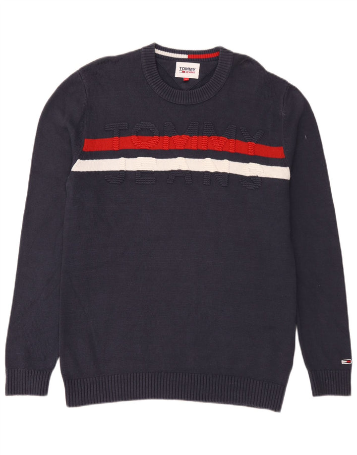 Tommy Hilfiger Jersey de cuello redondo para hombre, jersey de algodón azul marino mediano