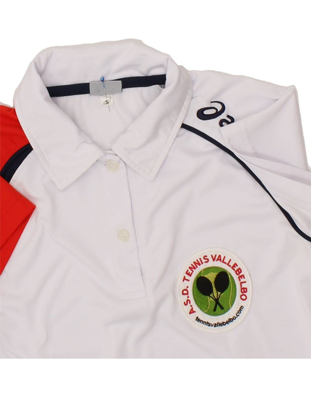 ASICS Womens Graphic Polo Shirt UK 10 Small White Colourblock Polyester Vintage Asics and Second-Hand Asics from Messina Hembry 