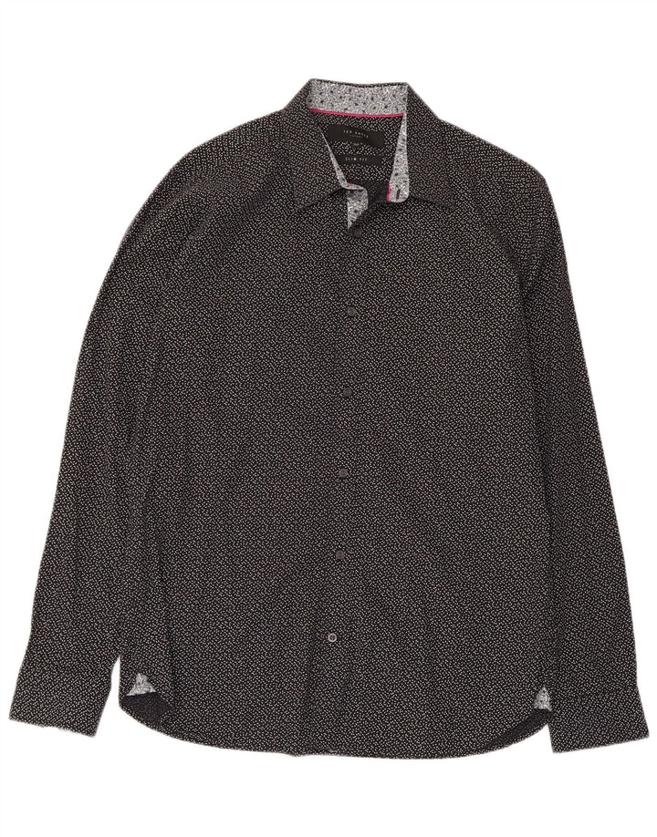 Ted Baker Camisa ajustada con estampado abstracto para hombre, talla 15 1/2, mediana, negra