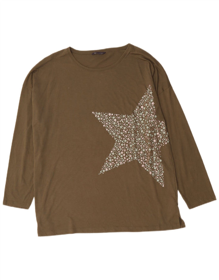 Marks & Spencer Top gráfico extragrande de manga larga para mujer UK 40 XL Caqui