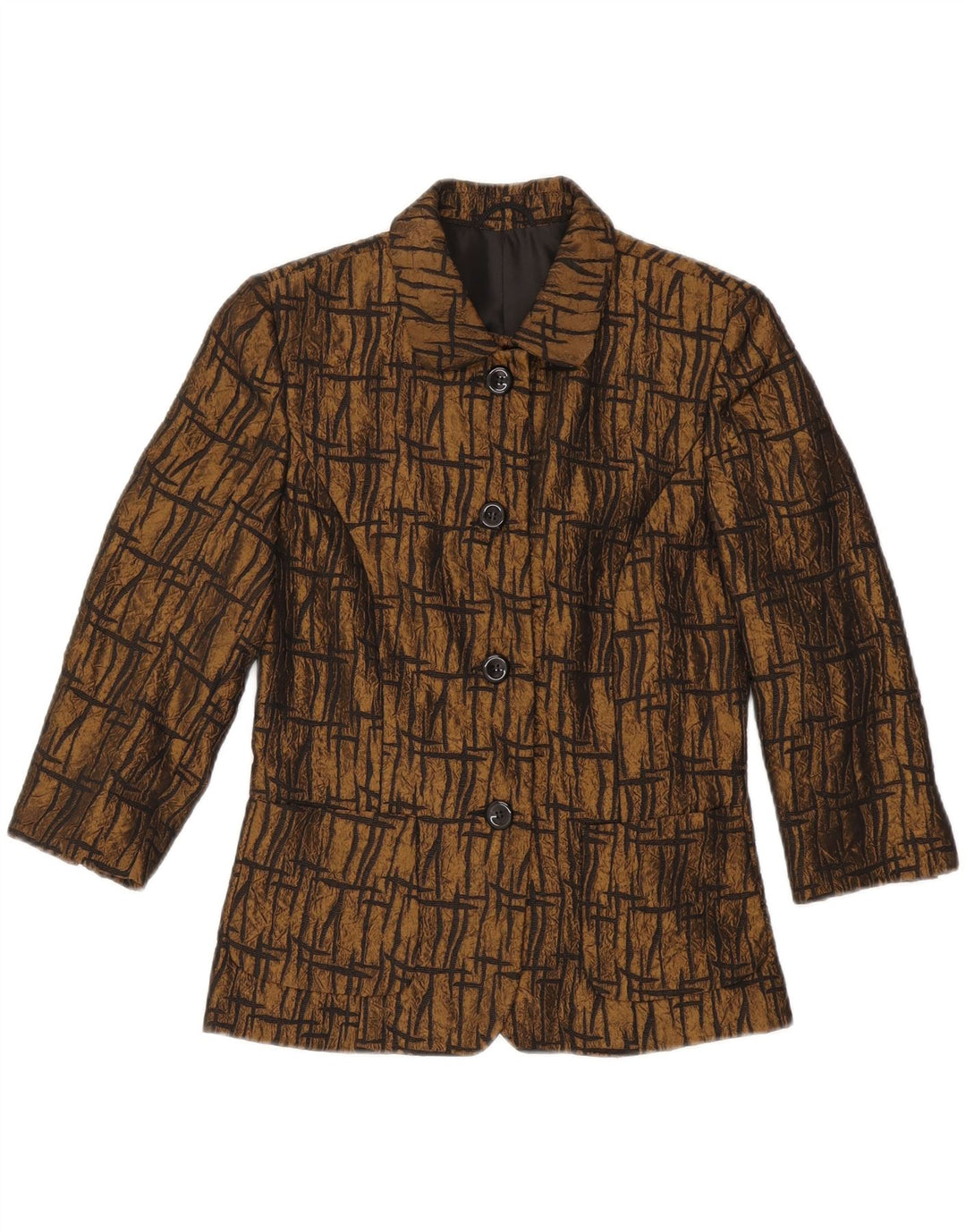 VINTAGE Mujer 3/4 Manga Blazer Chaqueta Reino Unido 10 Pequeño Marrón Geométrico
