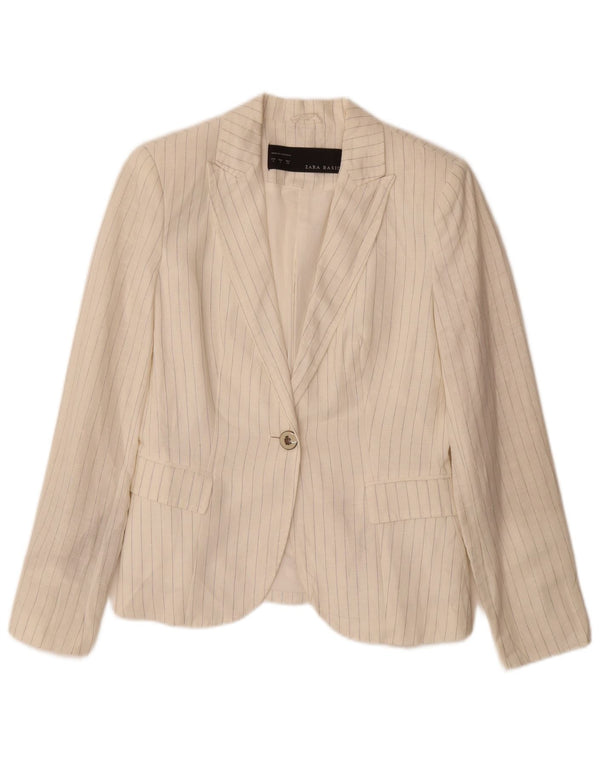 ZARA Chaqueta Blazer De 1 Botón para Mujer UK 10 Pequeña De Lino A Rayas Blanco Roto