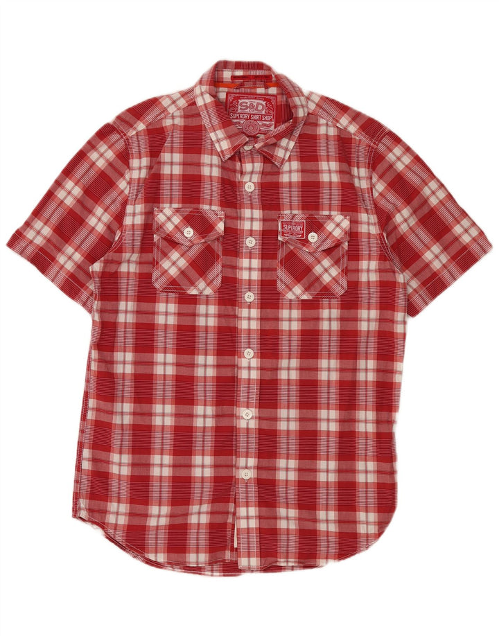 SUPERDRY Camisa de manga corta para hombre de algodón a cuadros rojos grandes