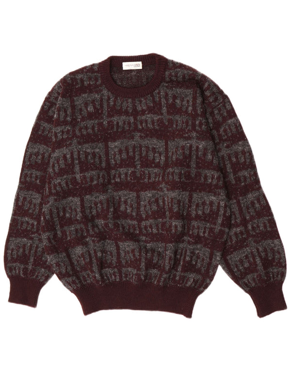 Hemmond Mens Crew Neck Jumper Sweater Medium Burgundy Geometric Virgin Wool