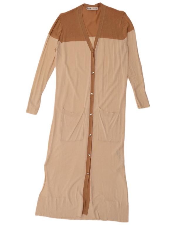 Zara Mujer Jersey Cárdigan Largo UK 40 Small Beige Colorblock