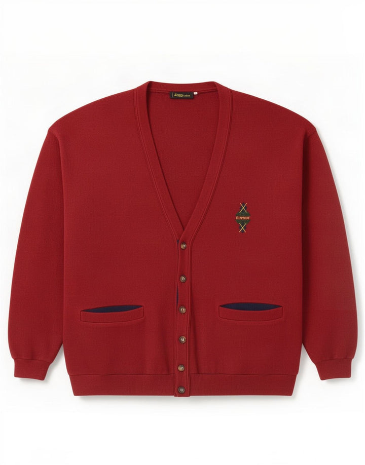 Vintage hombres Cardigan suéter medio borgoña