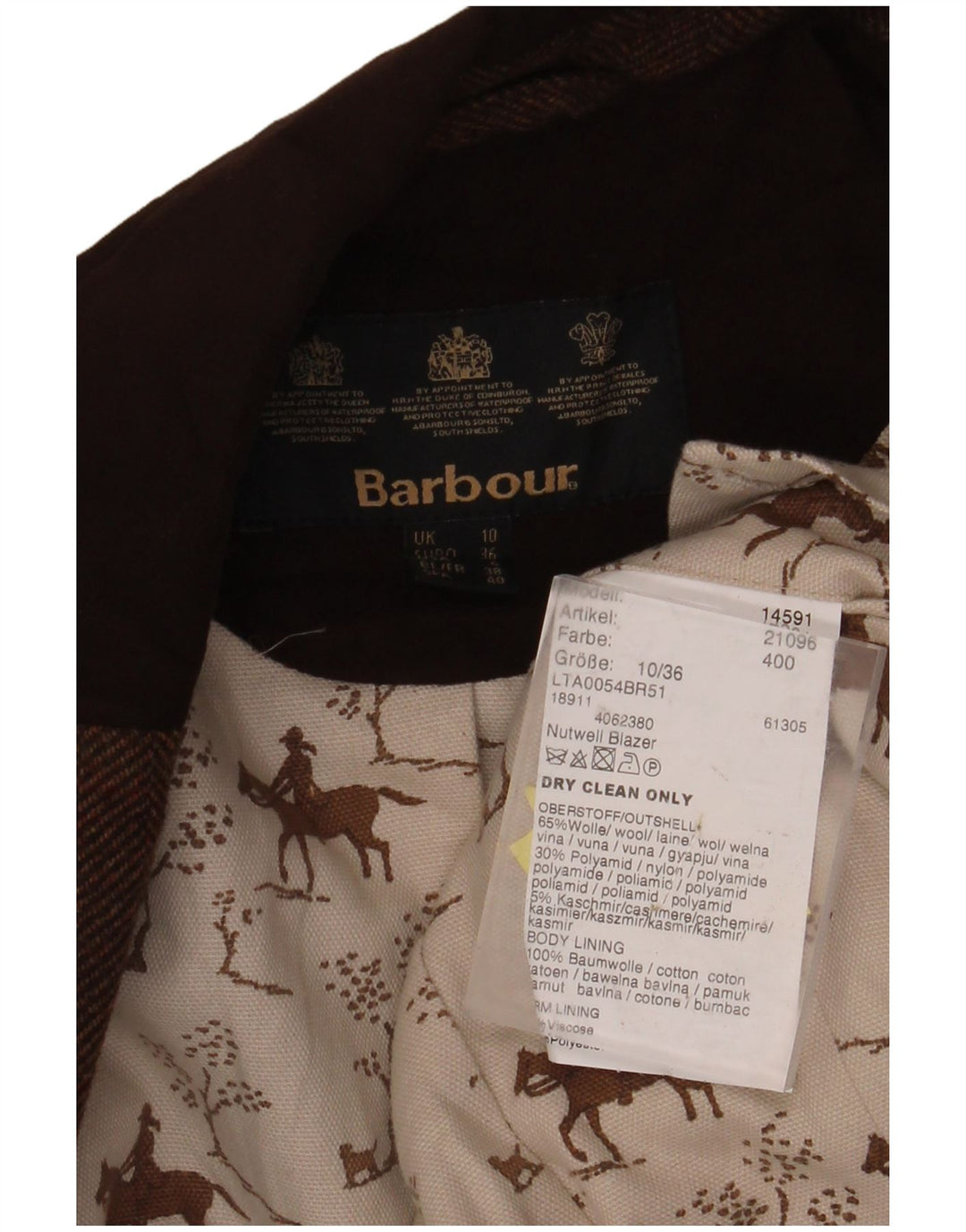 BARBOUR Chaqueta tipo blazer de 1 botón para mujer UK 10 Small Brown Herringbone Wool