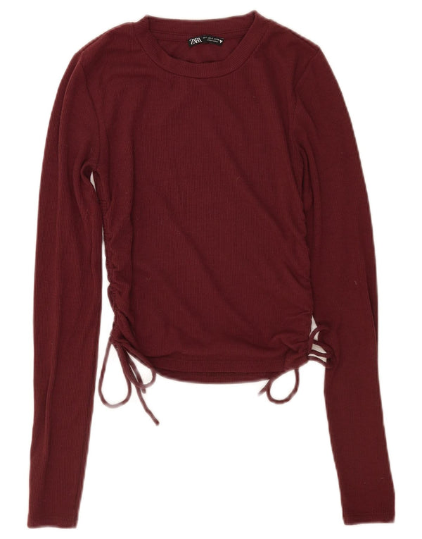 Zara Mujer Crop Top Manga Larga UK 10 Small Borgoña Poliéster