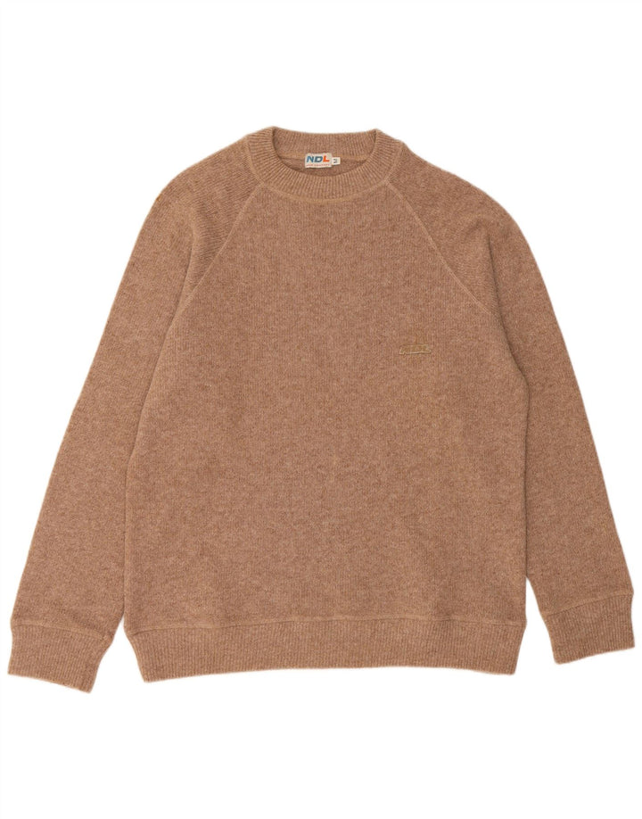 Vintage hombres cuello redondo jersey suéter medio beige lana