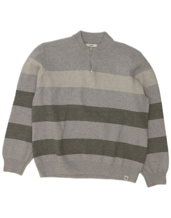 Marks & Spencer Jersey con cuello y cremallera para hombre, talla 2XL, algodón a rayas grises