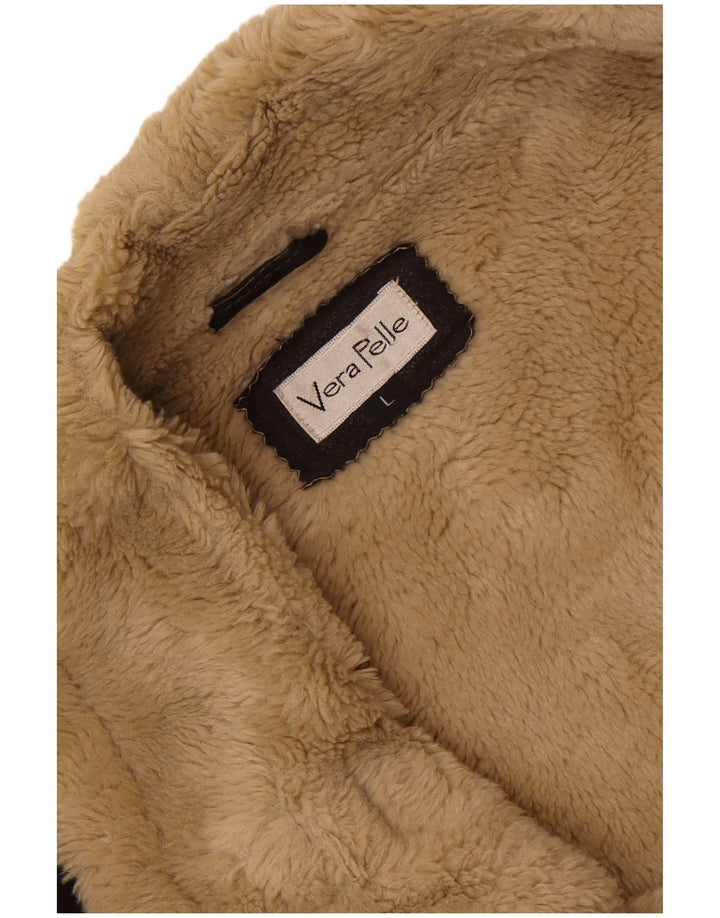 Vintage hombres shearling chaqueta Reino Unido 40 cuero marrón grande