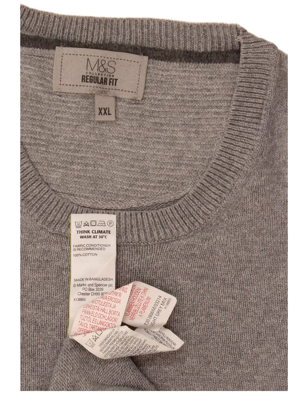 Marks & Spencer - Jersey de cuello redondo para hombre, ajuste regular, algodón gris, 2XL