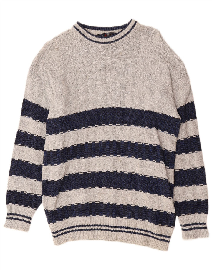 Vintage hombres cuello redondo jersey suéter medio gris colorblock