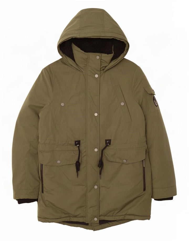 Superdry Parka con capucha para mujer, talla 8, poliéster caqui pequeño