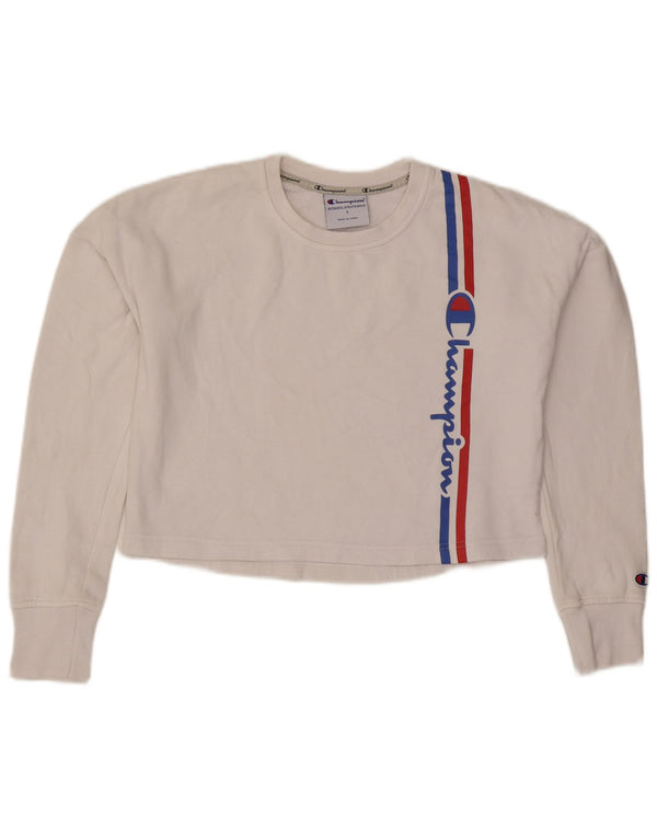 Champion Womens Oversized Crop Graphic Sweatshirt Jumper UK 10 Small White