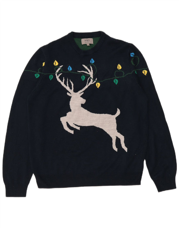 Marks & Spencer Jersey con cuello redondo y gráfico para hombre, talla grande, azul marino