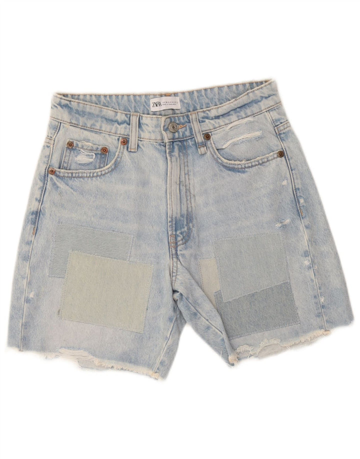 Zara Mujer Pantalones Cortos De Mezclilla Desgastados EU 36 XS W26 Algodón Patchwork Azul
