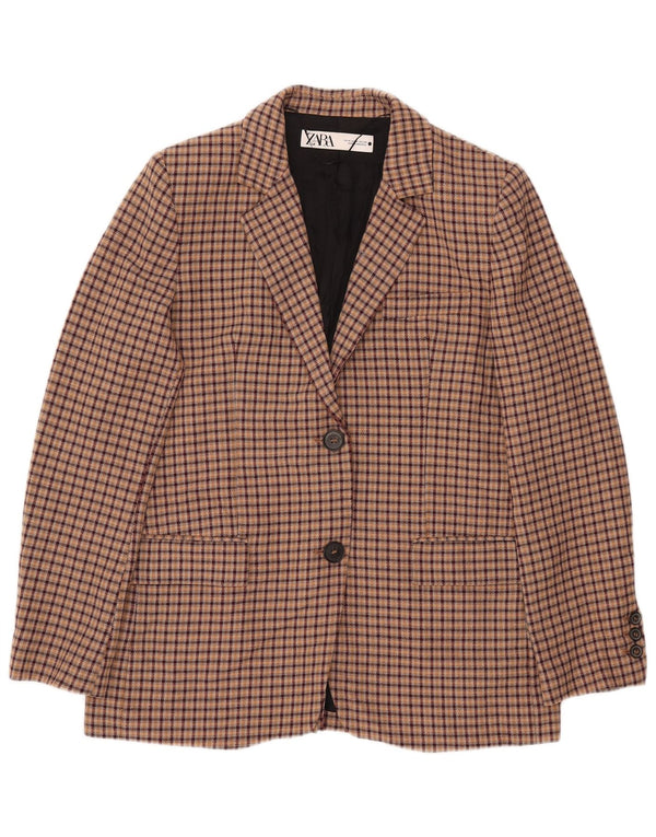 ZARA Chaqueta Blazer De 2 Botones Para Mujer UK 44 Viscosa A Cuadros Marrón Medio