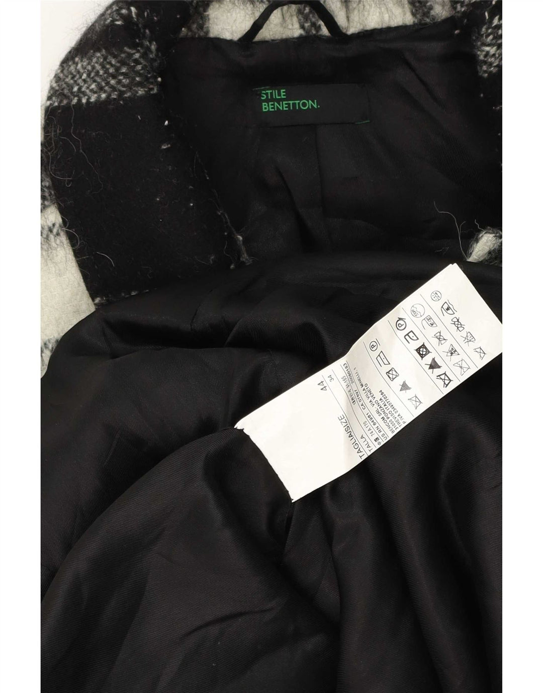 Abrigo Benetton Mujer IT 44 Mediano Lana A Cuadros Negro