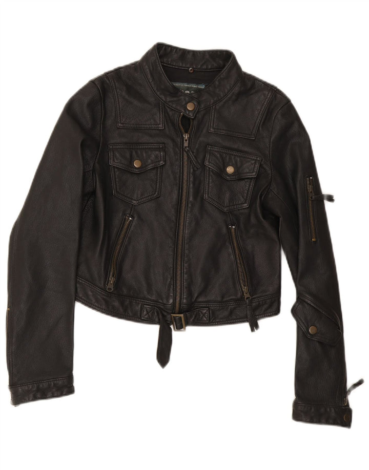 Vintage mujer biker chaqueta de cuero Reino Unido 12 Medio Negro