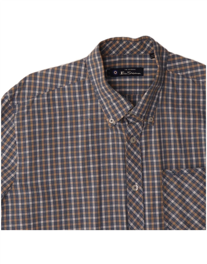BEN SHERMAN Camisa de hombre grande a cuadros azules de algodón