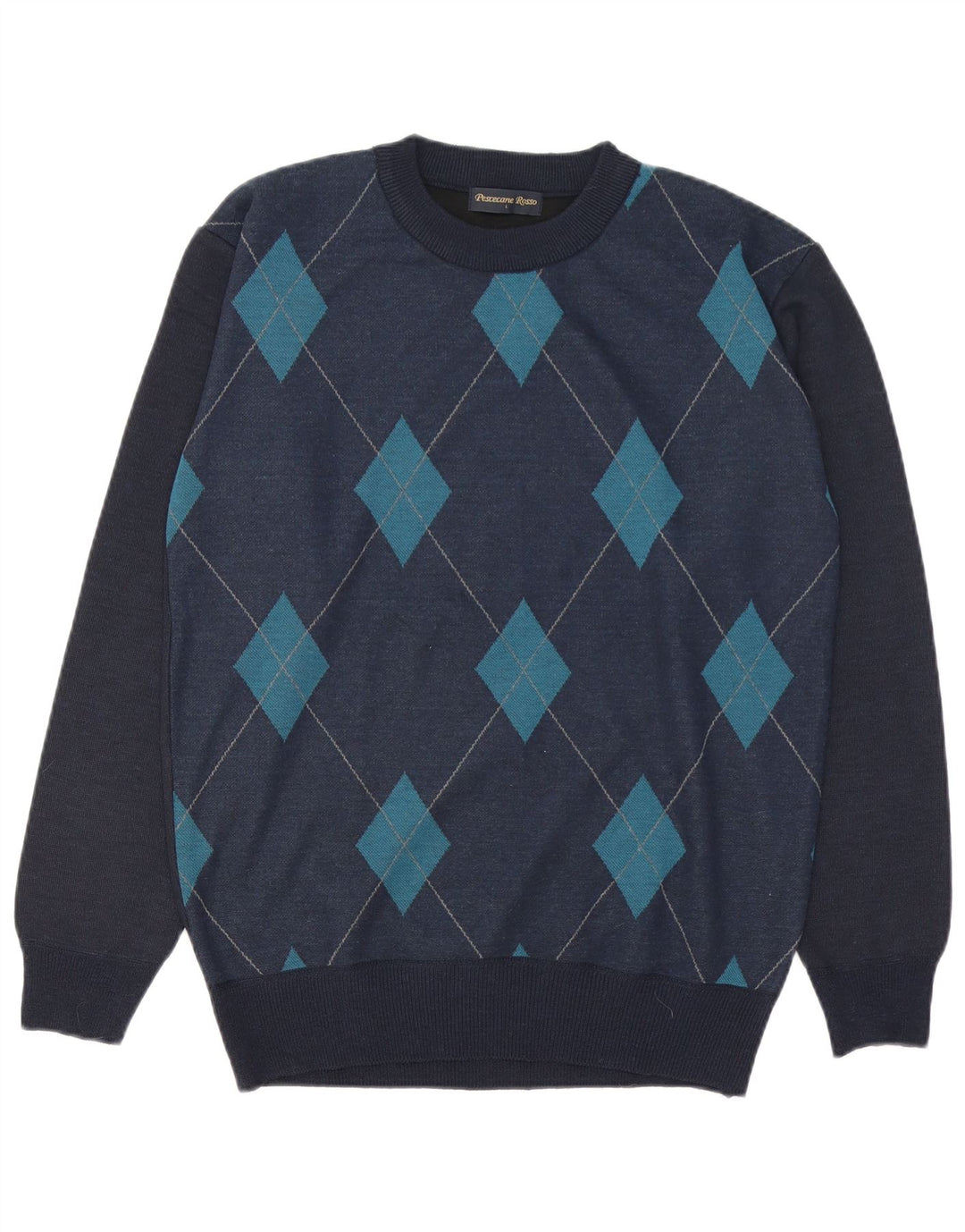 Vintage hombres cuello redondo jersey suéter grande azul marino Argyle/lana de diamante