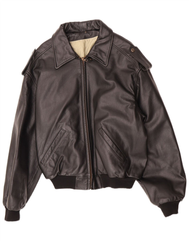 Vintage hombres chaqueta militar de cuero sintético IT 48/50 medio negro