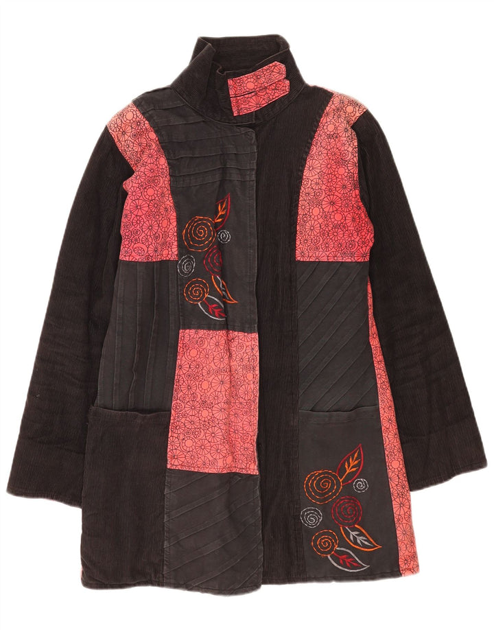 Vintage mujer abrigo Reino Unido 12 medio negro patchwork algodón