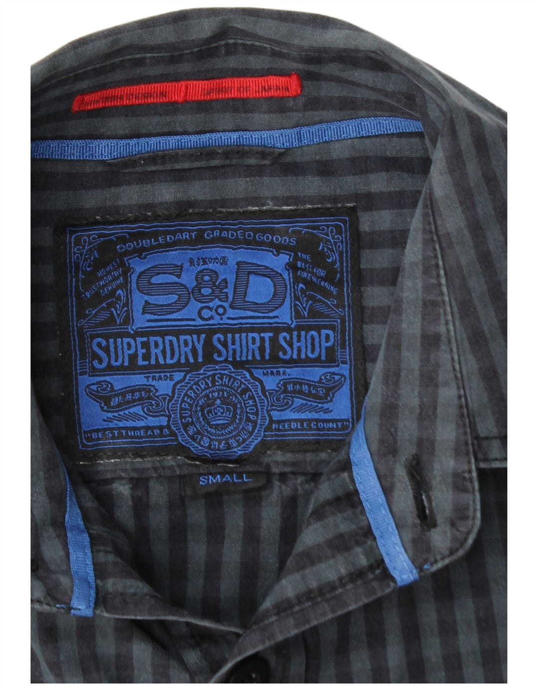 SUPERDRY Camisa de hombre pequeña de algodón a cuadros azul marino