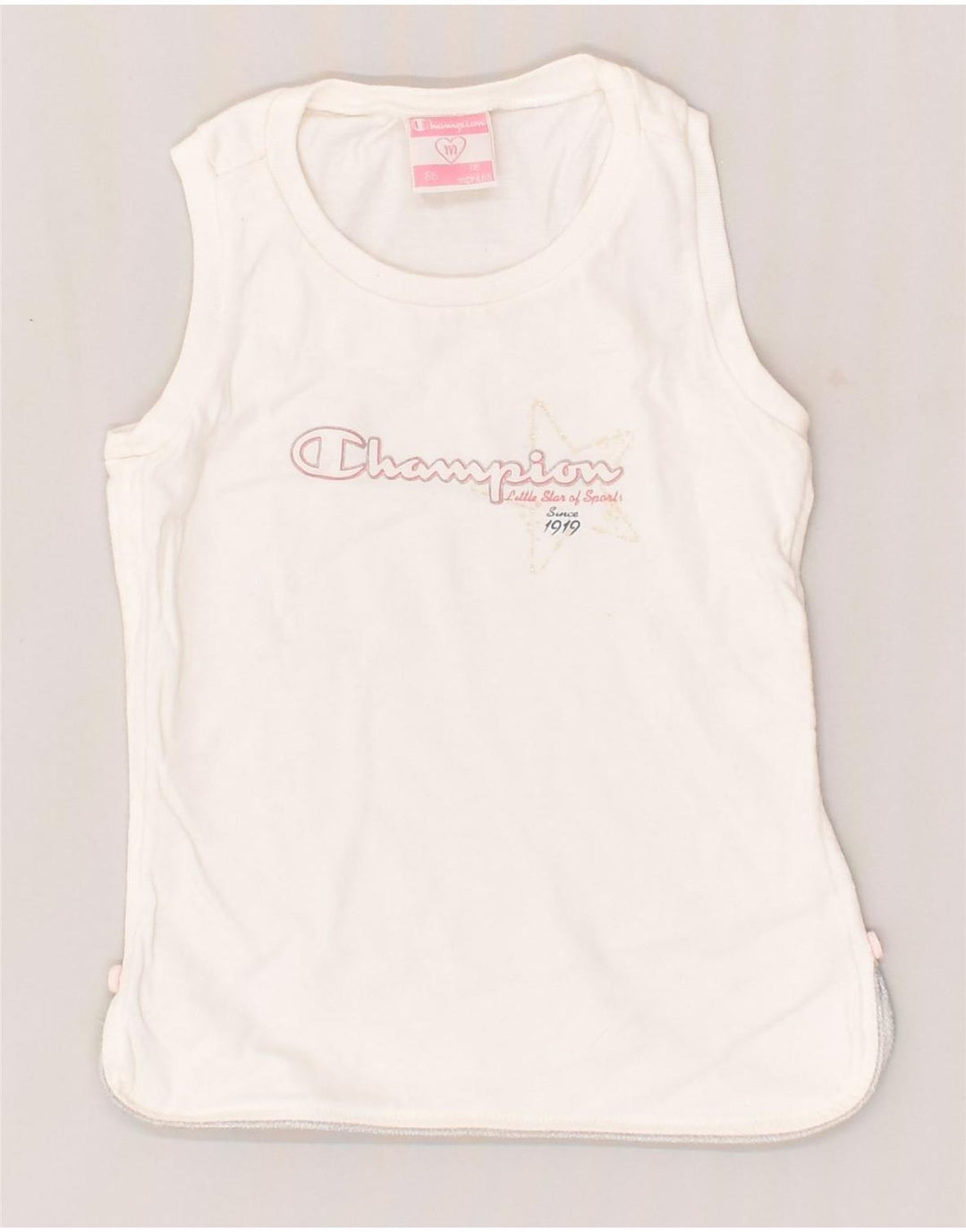 CHAMPION Baby Girls Graphic Vest Top 12-18 Months White Cotton | Vintage Champion | Thrift | Second-Hand Champion | Used Clothing | Messina Hembry 