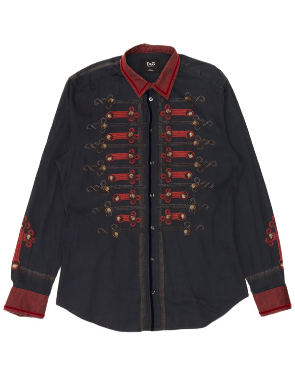 DOLCE & GABBANA Camisa estampada para hombre Talla 52 Grande Azul marino Bloque de color