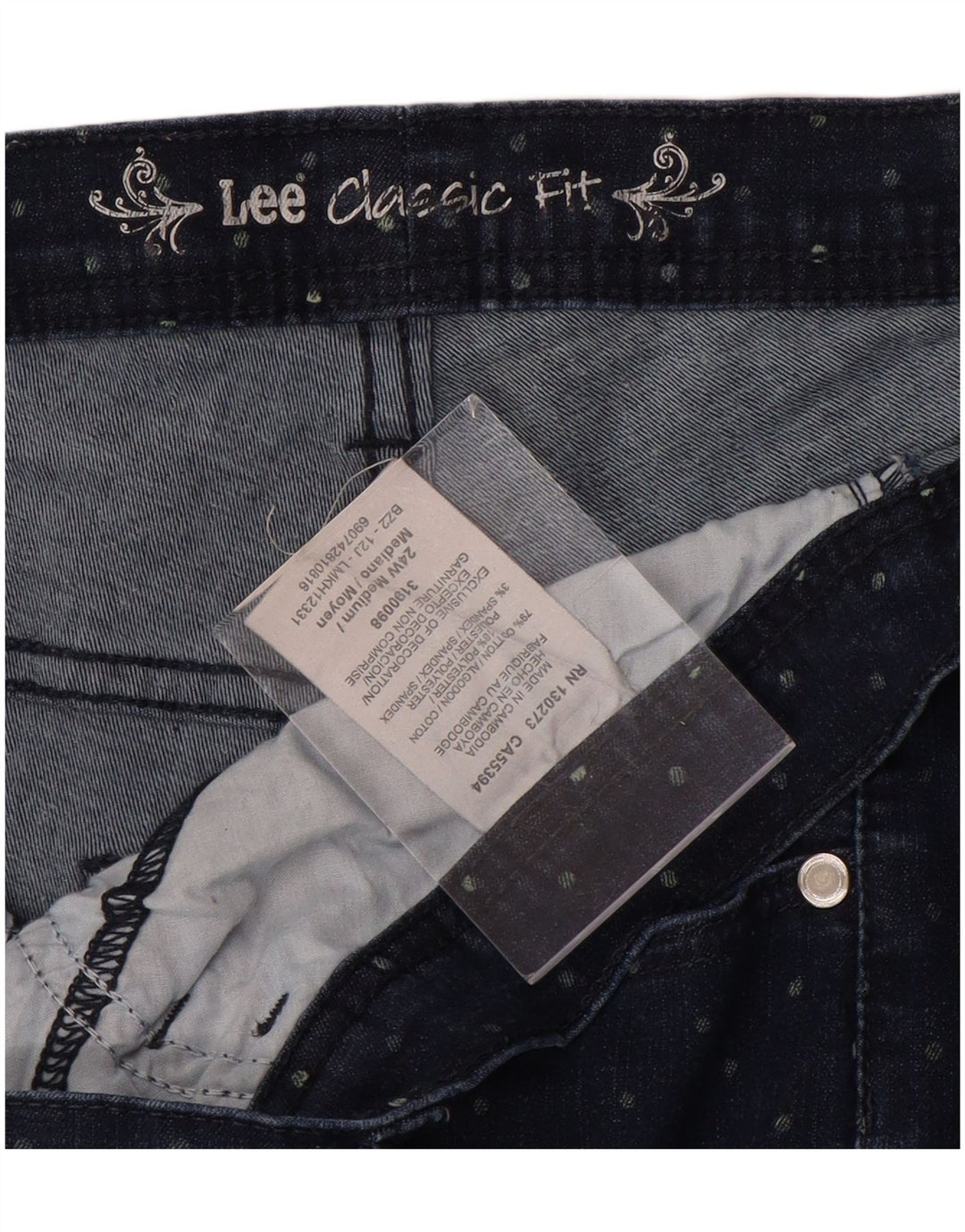 LEE Pantalones vaqueros capri de ajuste clásico para mujer US 24 4XL W48 L20 algodón manchado azul