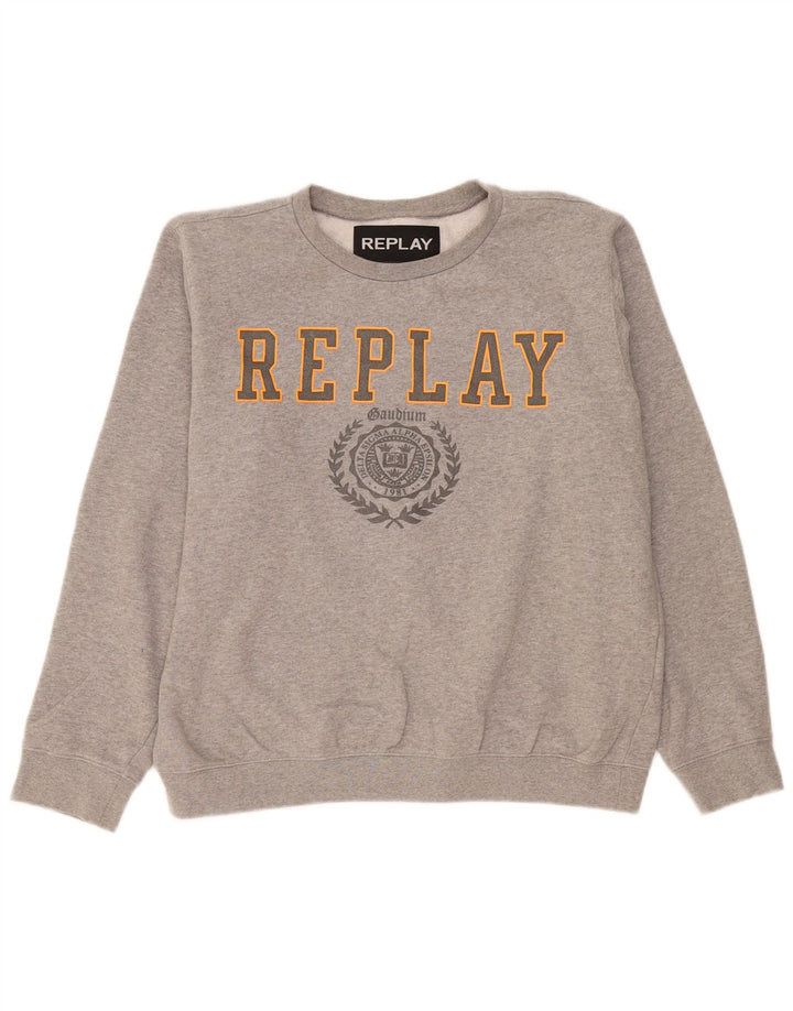 Replay Sudadera con estampado gráfico para hombre, jersey grande de algodón moteado en gris
