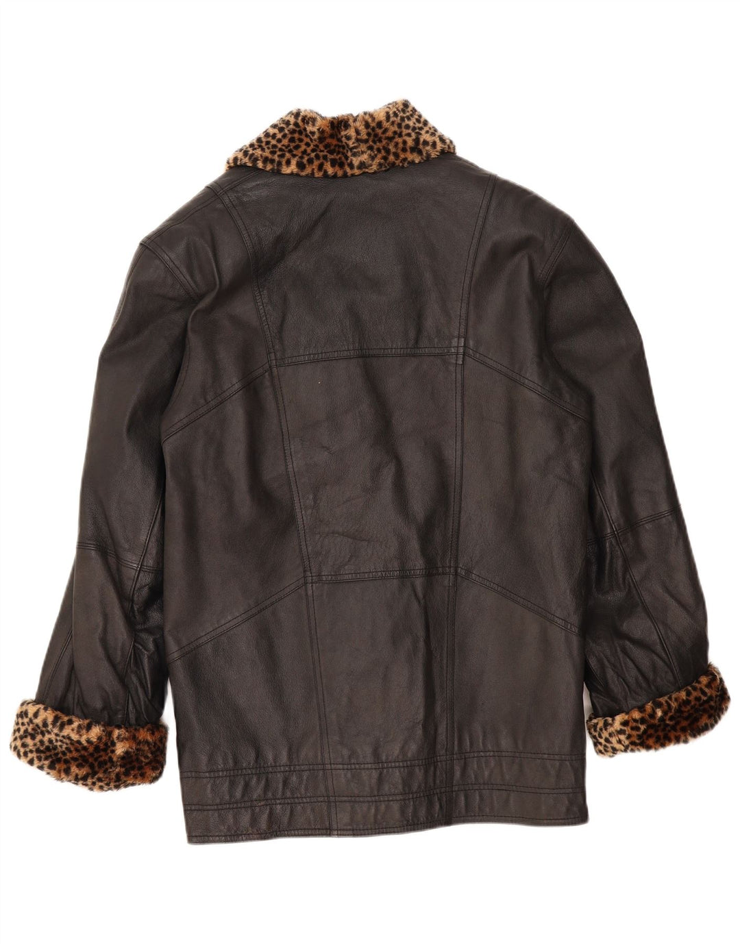 VINTAGE Abrigo de cuero de gran tamaño para mujer Reino Unido 10 Pequeño estampado animal negro